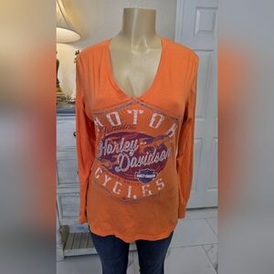 Harley-Davidson Orange V-Neck Long Sleeve Graphic Tee